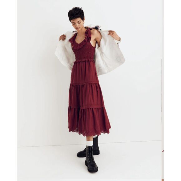 Madewell Lucie Eyelet Ruffle Midi Dress Size 10 Vintage Mulberry Cotton Boho - Picture 1 of 13